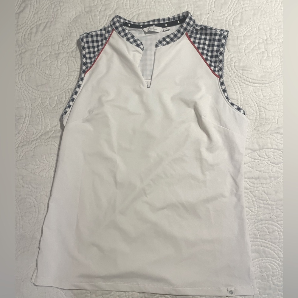 Lady Hagen golf shirt size small white with blue checker and red stitching